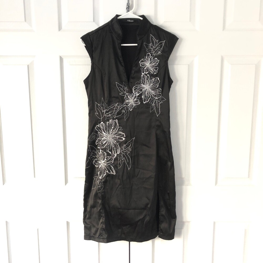 Jane Norman Black Satin cheongsam style cap sleeve dress